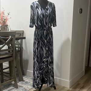 Cato Blue, Black and White Maxi Dress, slight high low ruffle